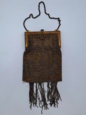 Antique Beaded French Gold Gilt Frame Purse Handbag with Mirror Victorian Era